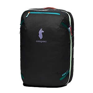 Cotopaxi Allpa 35-liter travel backpack in Del Día Dark color with multiple compartments and carry handles.