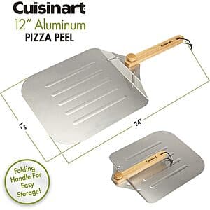 Cuisinart 12-inch square aluminum pizza peel with foldable wood handle and silver metal blade.