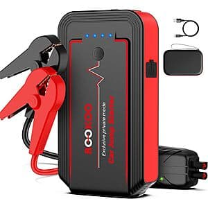 BOOKOO 12V portable car jump starter with 20000mAh capacity, black and orange design, compact rectangular shape.