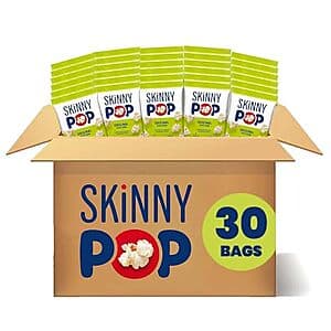 Box of SkinnyPop Original Popcorn containing 30 individual 0.65-ounce bags in white and green packaging.
