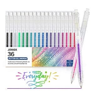 36-pack of colorful retractable glitter gel pens in vibrant assorted colors with Joyask branding on packaging.