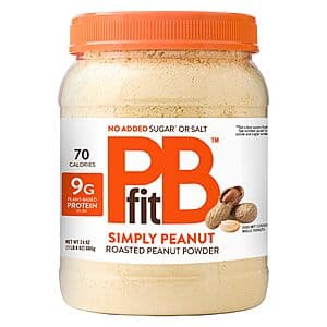 24-ounce container of PBfit Simply Peanut Powdered Peanut Butter with product branding and nutritional information on the label.