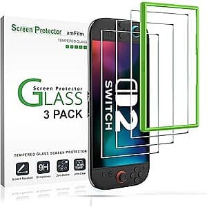amFilm tempered glass screen protector for Nintendo Switch with clear protective film and packaging.