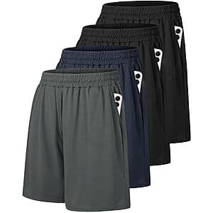 4-pack of men's gym shorts in assorted colors including basic and accent shades, featuring 9-inch inseams and visible pocket construction.