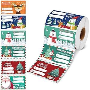 Roll of 500 self-adhesive Christmas gift tag stickers in green and red holiday designs, each measuring 2.95" x 1.6".