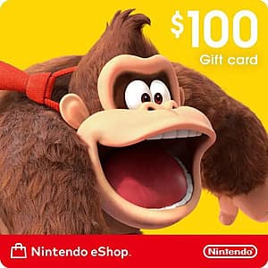 Nintendo eShop $100 gift card with purple and white branding on digital storefront background.