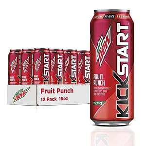 Mountain Dew Kickstart Fruit Punch 12-pack with individual 16 fl oz cans in a cardboard case.