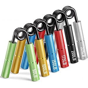 Six aluminum hand grip strengtheners in varying colors arranged to show progressive resistance from 50 to 225 LB.