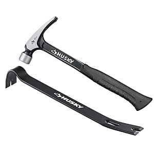 Husky steel rip hammer with 20-oz head and 15-inch wrecking bar tool set with black handles.