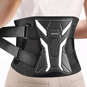 Black lower back brace with ergonomic curve support and reinforced stays for lumbar support.