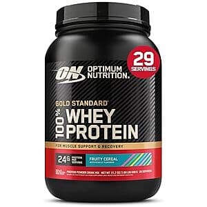 1.98-pound container of Optimum Nutrition Gold Standard 100% Whey Protein Powder in Fruity Cereal flavor with orange and colorful branding.