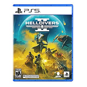 Helldivers 2 PS5 game case with cover art featuring armed soldiers in combat gear.