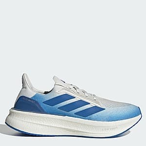 adidas Ultraboost 5X men's running shoe in crystal white with blue accents.