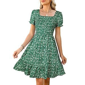 Lyrur Women's Floral Square Neck Smocked Knee Length Summer Dress (Various) $10
