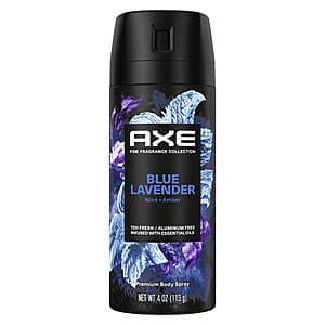 Select Walmart Stores: 4oz Axe Deodorant Spray (Blue Lavender) 2 for $10 + $8 Walmart Cash