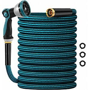 Velybrin 50-foot non-expanding garden hose coiled with attached nozzle, black rubber construction suitable for outdoor watering.