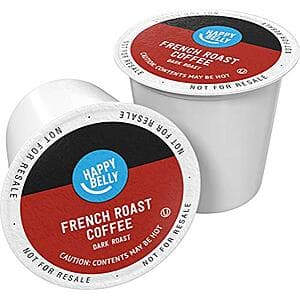 24-count box of Happy Belly Dark Roast French Roast Keurig coffee pods in black and gold packaging.