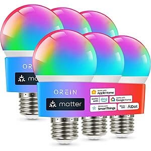 6-pk OREiN Matter A19 RGBTW Color Changing Smart LED Light Bulbs $18