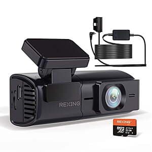 Rexing SC4KS 4K dash cam with compact black design, mounted display unit, alongside 32GB microSD card and OBD hardwire kit accessories.