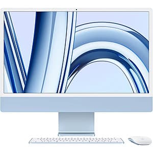 Refurbished iMac 24-inch in blue with M3 chip, 8GB RAM, and 512GB storage.