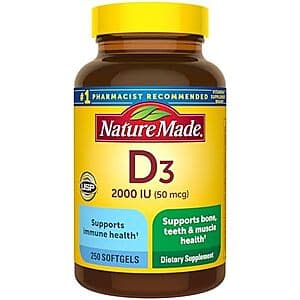 Nature Made Vitamin D3 2000 IU softgels in a 250-count bottle, white/cream colored packaging with blue and green accents.