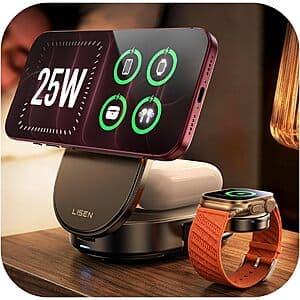 LISEN Qi2.2 25W 3-in-1 Foldable MagSafe Charging Station w/ 45W Adapter $24 + Free S&H