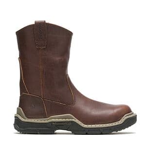 Men's Raider DuraShocks Wellington work boot in brown leather with soft toe construction.