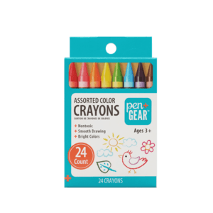 Pen+Gear 24-count assorted color crayons set in a cardboard box with multiple vibrant colored crayons visible.