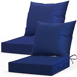 Navy blue outdoor chair cushions with deep seats and backrests, two cushions displayed at 24"x24" size.