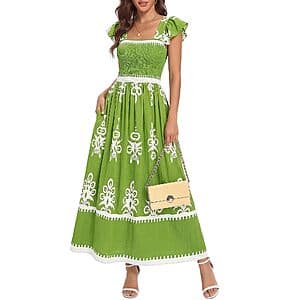 Green boho floral maxi dress with pockets, displayed as a full-length women's garment.