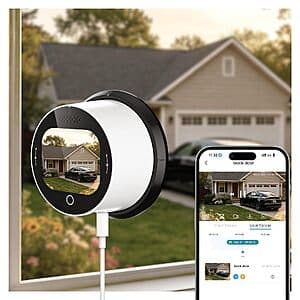 SOLIOM 5MP window camera with black rectangular frame and integrated LCD touchscreen display mounted on window surface.