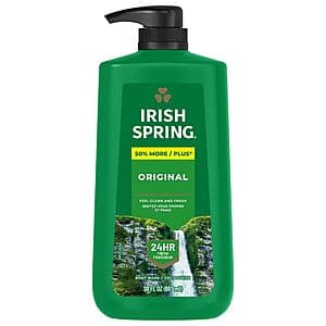 30-oz bottle of Irish Spring Men's Body Wash in Original Clean scent with green and white packaging.