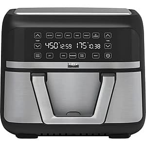 Stainless steel Bella Pro 9-quart dual basket air fryer with black touchscreen control panel mounted on the front.