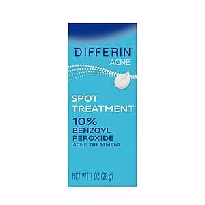 Differin Acne Spot Treatment 1-ounce bottle with 10% benzoyl peroxide formulation.
