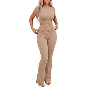 2-Pc Ekouaer Women's Pajama Set w/ Short Sleeve Crop Top & Foldover Flare Pants $11