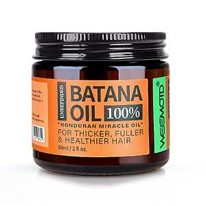 2-ounce bottle of WEEMOTD Raw Unrefined Batana Oil with bright coffee-colored liquid and product branding label.