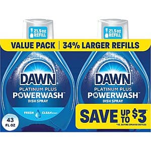 Two 21.5-oz bottles of Dawn Platinum Plus Powerwash Dish Spray in Fresh Clean formula with blue and white labeling.