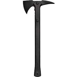Cold Steel War Hawk Axe with dark blade and handle, 19 inches long, shown with black sheath.