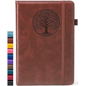 Brown faux leather hardcover journal notebook with 160 lined pages, approximately 5.7 inches wide by 8.3 inches tall.