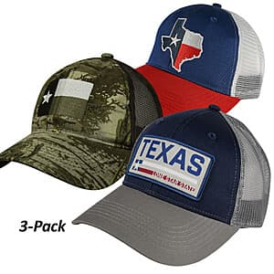 Three-pack of men's mesh back Texas style caps including a Navy and Grey colored Texas Truckers Meshback Cap.