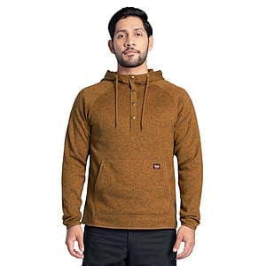 Wrangler Workwear men's sweater fleece mock neck hoodie in Rubber color with raglan sleeves, snap-front Henley closure, and kangaroo pouch pocket.