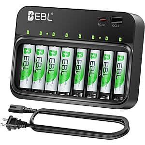 EBL Rechargeable 4-Pk 2800mAh AA + 4-Pk 1100mAh AAA Batteries & Charger $16