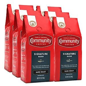 6-pack of 12-ounce Community Coffee Signature Blend Dark Roast ground coffee bags with brown packaging.