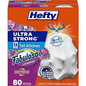 80-Ct 13-Gallon Hefty Ultra Strong Tall Kitchen Trash Bags (Fabuloso Lavender) $7.80 w/ S&S & More