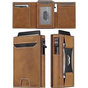 Medrega Men's Slim RFID Minimalist Trifold Leather Wallet w/ Cash Strap or AirTag $10