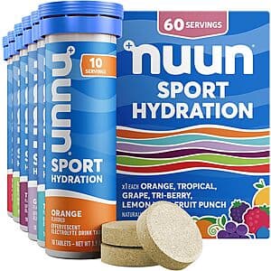 Six boxes of Nuun Sport Effervescent Electrolyte Tablets in variety pack flavors, each containing 10 tablets.