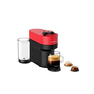 Nespresso Vertuo Pop+ compact coffee maker with side-mounted water tank and adjustable drip tray in a white and grey design.
