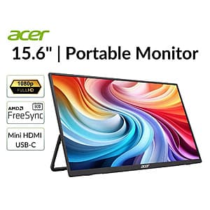 Acer PM161Q 15.6-inch portable monitor with 1920x1080 resolution, thin black bezel frame.