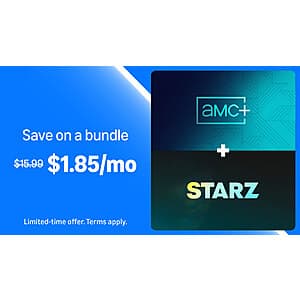 AMC+ Premium & Starz Bundle streaming service logo and branding on a dark background.