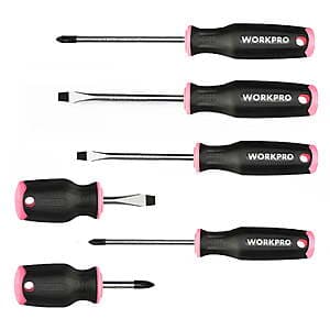 WORKPRO 6-piece magnetic screwdriver set with pink ribbon accents, including slotted and Phillips drivers with magnetic tips.